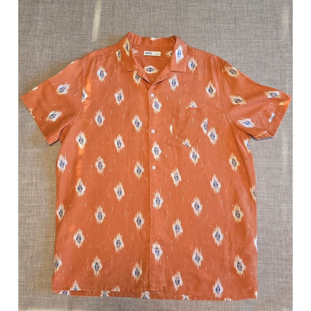 Sonoma Goods For Life Mens Large Orange Ikat Diamond Linen Blend Camp Shirt